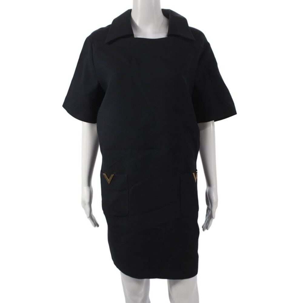 Valentino Women Shift Dress Black Wool Collared Knee Length Size 46